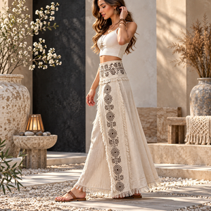 Ivory Bohemian Wrap <b>Maxi</b> <b>Skirt</b> Tribal Fringe Pattern | <b>Womens</b> Festival Beach Resort Lightweight Casual Summer Fashion Wear Style - Product Image 4