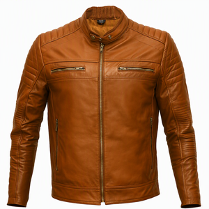 Men's Genuine Leather Motorcycle <b>Jacket</b> Slim Fit Stand Collar Zipper Closure Windproof Moto <b>Biker</b> Style Autumn Wear - Product Image 5
