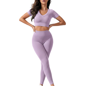 Leggings de yoga sin costuras de cintura alta para mujer con logo personalizado y top corto para gimnasio y fitness - Product Image 1