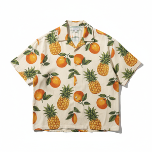 Camisa Hawaiana para Hombre, Manga Corta, Estampado de Piña Naranja, Algodón Popelina Transpirable, Estilo Vacacional, Cuello con Botones - Product Image 1