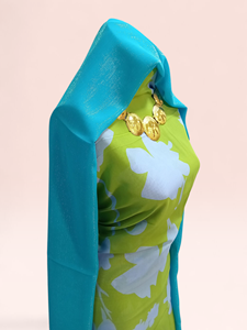 Conjunto completo ecológico de tela slub verde alemana para Dirac con chal azul |   Vestido de Novia Tradicional de Lujo para Mujeres y Niñas - Product Image 2