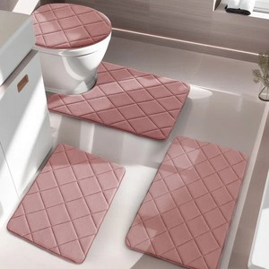 Pink Quilted Bath Mat Set 3-Piece Rectangle Non-Slip Rubber Backing Modern Home Use - Product Image 2