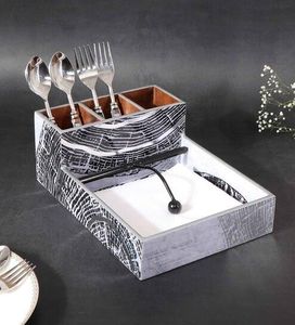 Compartment Wooden Flatware Caddy For Dining Tables MDF Box Holder Fork Spoon <b>Storage</b> Tissue Dispenser With <b>Weight</b> For Hotels - Product Image 1