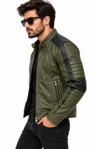 Veste de moto en cuir véritable vert olive pour homme, col montant, fermeture éclair, veste de motard, design de logo personnalisé, veste en cuir - Product Image 3