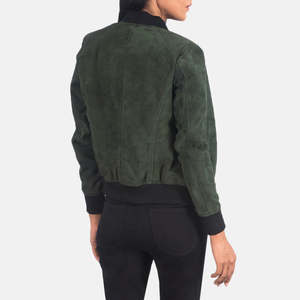 Blouson de motard en cuir véritable vert Flashback, coupe-vent, fermeture éclair, col ouvert, couleur unie - Product Image 2