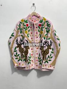 Pink Hand Embroidered <b>Sheep</b> <b>Skin</b> Velvet Breathable Mandarin Collar Full Sleeve Winter Women's <b>Jacket</b> - Product Image 6
