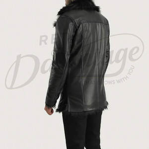 Chaqueta de Cuero Genuino Negra para Hombre con Cuello de Piel Negra, Chaqueta Bomber de Piel de Oveja con Forro de Felpa Cálido para Invierno, Corte Ajustado Informal - Product Image 2