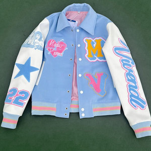2026 New Blue Varsity <b>Jacket</b> With Embroidered Logo And Lettering Preppy Style Regular Fit Spring Wear - Product Image 1