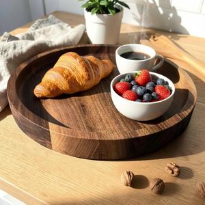 Plateau de service rond en noyer massif fait main avec finition laquée, multifonctionnel pour la cuisine, la table basse, le bureau, facile à nettoyer - Product Image 2