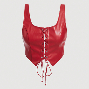 <b>Red</b> PU Leather Lace Up <b>Blouse</b> for Women Sexy V-Neck Crop Top Sleeveless Gothic Punk Streetwear Tank Top - Product Image 1