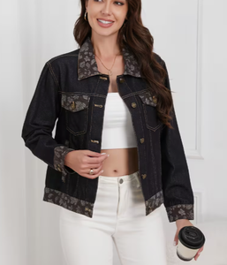 Hardihood International Veste en jean pour femme, patchwork floral, col et poignets contrastants, coupe classique, automne, formelle, respirante - Product Image 3