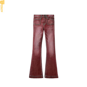 Vaqueros de mezclilla azules con cremallera y corte de bota para mujer, de largo completo, estilo casual vintage con bordado y cinturón de borlas, para otoño y primavera. - Product Image 3