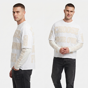 Double Layer Long Sleeve T-Shirts Men Custom High Quality Cotton 275gsm Heavyweight Tee Shirt Distressed Embroidery <b>TShirt</b> Mens - Product Image 2