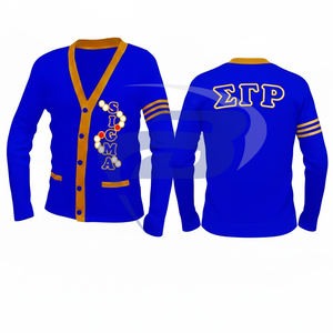 Suéter Cárdigan de la Hermandad Sigma Gamma Rho, Tejido Azul Rey con Rayas Amarillas y Logotipo Bordado SGR, Ropa de Hermandad Griega - Product Image 1