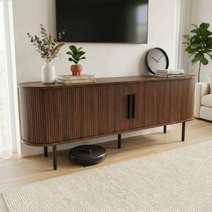 Mobile TV Moderno in Truciolato di Noce Goffrato con Piano Ovale 147x35,58 cm e Ante Scorrevoli a Griglia - Centro Intrattenimento - Product Image 3