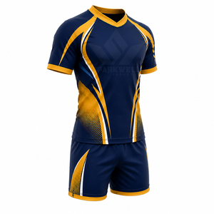 Ensemble de maillot de rugby personnalisé bleu marine et jaune pour hommes, manches courtes, col en V, polyester respirant sublimé, uniforme sportif d'équipe pour adultes - Product Image 3