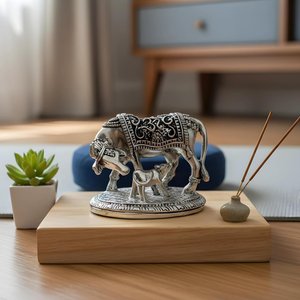 Silver Plated Kamdhenu Cow with Calf Idol-Auspicious Vastu Home Decor for Pooja Room and <b>Mandir</b> - Product Image 6
