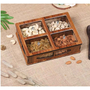 Plateau de service rectangulaire en bois avec couvercle, 4 compartiments pour noix et fruits secs, design minimaliste, couleur unie, vaisselle et assiettes - Product Image 6