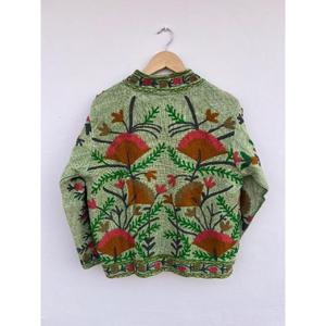 Premium Quality Traditional Handmade Vintage Embroidered Floral Cotton <b>Jacket</b> Green Suzani Style Gift for Her - Product Image 4