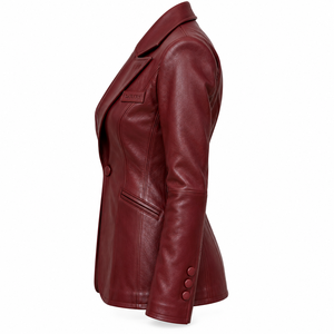 Women Single <b>Button</b> Maroon Leather Blazer Notch Lapel Flap Pocket Formal Fitted <b>Coat</b> Outerwear Custom OEM Service Provider - Product Image 4