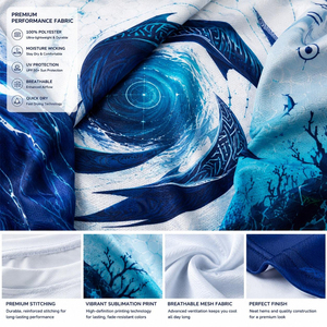 เสื้อเชิ้ตแขนยาวสำหรับตกปลา ผู้ชาย พิมพ์ลายแบบ Sublimation สีน้ำเงินเหลือง ออกแบบเองได้ คอกลม ระบายเหงื่อได้ดี ทรงพอดีตัว เหมาะสำหรับใส่กลางแจ้งในฤดูร้อน - Product Image 6