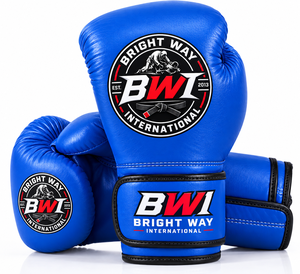 Gants de boxe Bright Way International en cuir PU bleu avec fermeture Velcro, équipement d'arts martiaux respirant pour adultes - Product Image 1