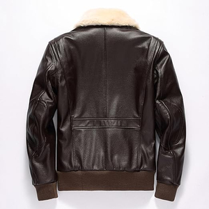 Blouson aviateur en cuir véritable pour homme, col rabattable, fermeture éclair, doublure en fausse fourrure, coupe-vent, vêtement d'hiver, manches classiques - Product Image 2