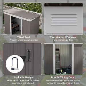 Caseta de Almacenamiento de Acero Plateada para Exteriores de 8x4 pies, Fácil de Montar, con Puertas con Cerradura y Ventilación, para Herramientas de Jardín - Product Image 6