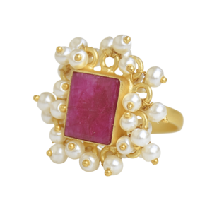 Vintage <b>Gold</b> Plated <b>Cocktail</b> <b>Ring</b> With Natural Ruby And Pearl Bezel Setting Women's Wedding Jewelry - Product Image 5