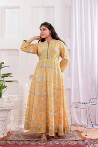 Robe longue en coton 100% écologique à imprimé floral jaune, col mandarin, manches longues, coupe classique, formelle, été, pour femmes - Product Image 3
