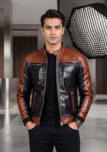 Mens Two Tone Brown Black Genuine Leather Biker <b>Jacket</b> Quilted Cafe <b>Racer</b> Moto Coat - Product Image 3