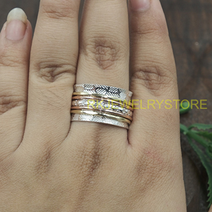 <b>Spinner</b> <b>Ring</b> Silver Brass Copper Wide Band Meditation <b>Ring</b> Handmade Textured Rotating Band Unisex Anxiety Relief Jewelry Women - Product Image 3