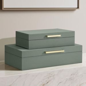 <b>Decorative</b> PU Leather Storage <b>Boxes</b> <b>with</b> <b>Lids</b> Set of 2 Bookshelf Organizer Bins for Home Decor - Product Image 5