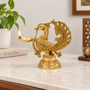 Handcrafted Brass Peacock Diya <b>Oil</b> <b>Lamp</b> Stand Detailed Design Decorative Multi Wick Deepak for Puja Room Temple Home Decor - Product Image 4
