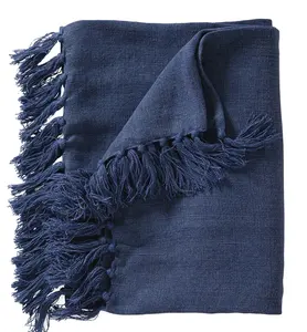 Couverture tissée en lin pour canapé, couvertures décoratives faites à la main, en tissu de couleur unie, canapé indien, 100% lignes, 100% bleu marine