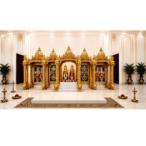 Grand Haveli Style Teak Wood Traditional Hand Carved Swaminarayan <b>Mandir</b> Convention Centre Customizable Size - Product Image 1