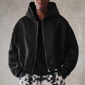 Sweat-shirt à capuche zippé noir pour homme, coupe oversize, décontracté, pour l'automne, couleur unie, entièrement zippé, tricoté 100% coton - Product Image 5