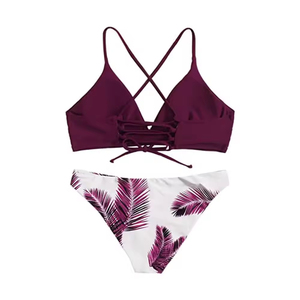 Conjunto de bikini con estampado tropical para mujer, traje de baño de dos piezas, traje de baño para playa, traje de baño para mujer, traje de baño bikini, color burdeos - Product Image 6