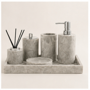 Ensemble d'accessoires de salle de bain vintage élégants en marbre gris, 5 pièces : distributeur de savon, porte-brosse à dents et plateau pour une décoration moderne de la maison - Product Image 3