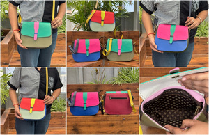 Sac à main fait main en cuir recyclé multicolore sac à bandoulière de créateur de luxe sac à bandoulière selle moyenne sac à main pour femme - Product Image 3