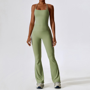 Combinaison de yoga pour femme à col montant, longue, à jambes évasées, sans couture, avec fermeture éclair sur le devant, couleur unie, en spandex et polyester, ensemble 1 pièce - Product Image 4