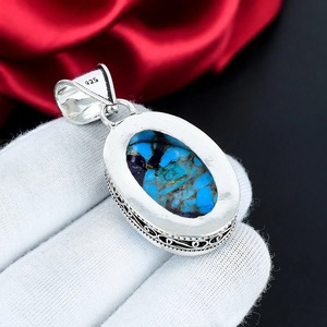 Blue <b>Copper</b> Turquoise Oval Bezel Setting Pendant 925 Sterling Silver Handmade Gemstone Necklace Wholesale Jewelry Unisex - Product Image 2