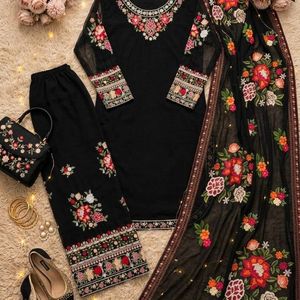Embroidered <b>Indian</b> Pakistani <b>Top</b> Salwar Kameez Set Floral Embroidery Long Tunic Palazzo Outfit Festive Wear - Product Image 6
