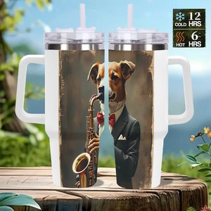 Stainless Steel Tumbler 40oz <b>Insulated</b> Travel <b>Mug</b> With Dog Saxophone Art Design - Product Image 2