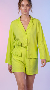 เสื้อและกางเกงขาสั้นสีเขียวมะนาวลำลอง ชุดเซ็ตผ้าฝ้ายสำหรับผู้หญิง เสื้อและกางเกงสำหรับฤดูร้อน เนื้อผ้าเบาสบาย ขายส่ง - Product Image 4