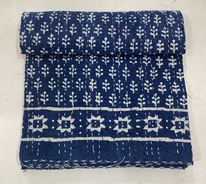 Silkgram Hand Block Printed Kantha <b>Quilt</b> Blue Cotton Traditional Indian Stitched Bedspread Folded Home Decor <b>Throw</b> Cover - Product Image 1