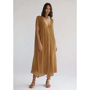 Vestido Midi de Gasa de Algodón Marrón Tejido a Mano para Mujer, Estilo Sexy, Cuello en V Profundo, Corte Holgado, Estilo Kaftan, Estampado Floral Bohemio, Verano - Product Image 1