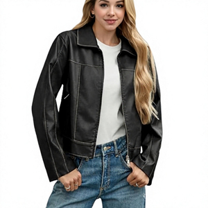 AL SWANS INTERNATIONAL Women PU <b>Leather</b> Motorcycle Jacket Stand Collar Zipper Closure Regular Length Solid Color Full Sleeve - Product Image 4
