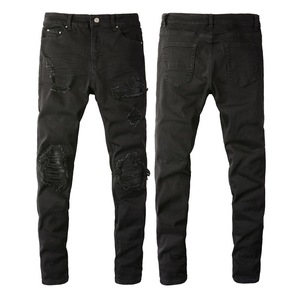 Wholesale Fashion Trend Black Pleated Fabric Ripped <b>Jeans</b> Men's Slim Fit <b>Elastic</b> Denim Pants for Men - Product Image 1