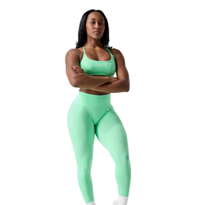 Leggings de yoga sin costuras de tiro medio para mujer, control de abdomen, elásticos, para gimnasio, pantalones de entrenamiento, ropa deportiva moldeadora, color menta - Product Image 4